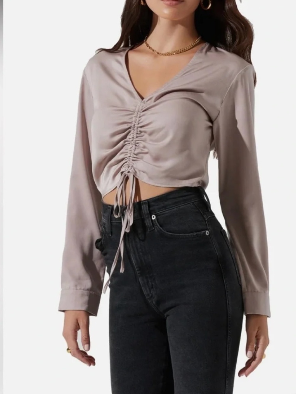 ASTR Satin Ruched Long Sleeve Cropped Blouse | Taupe |‎ Size Medium